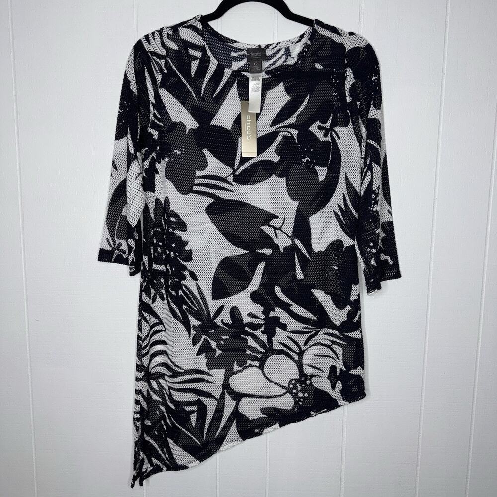 Chico’s Travelers Women’s Floral Mesh Coverup Asymmetrical Blue Size 0, S NWT